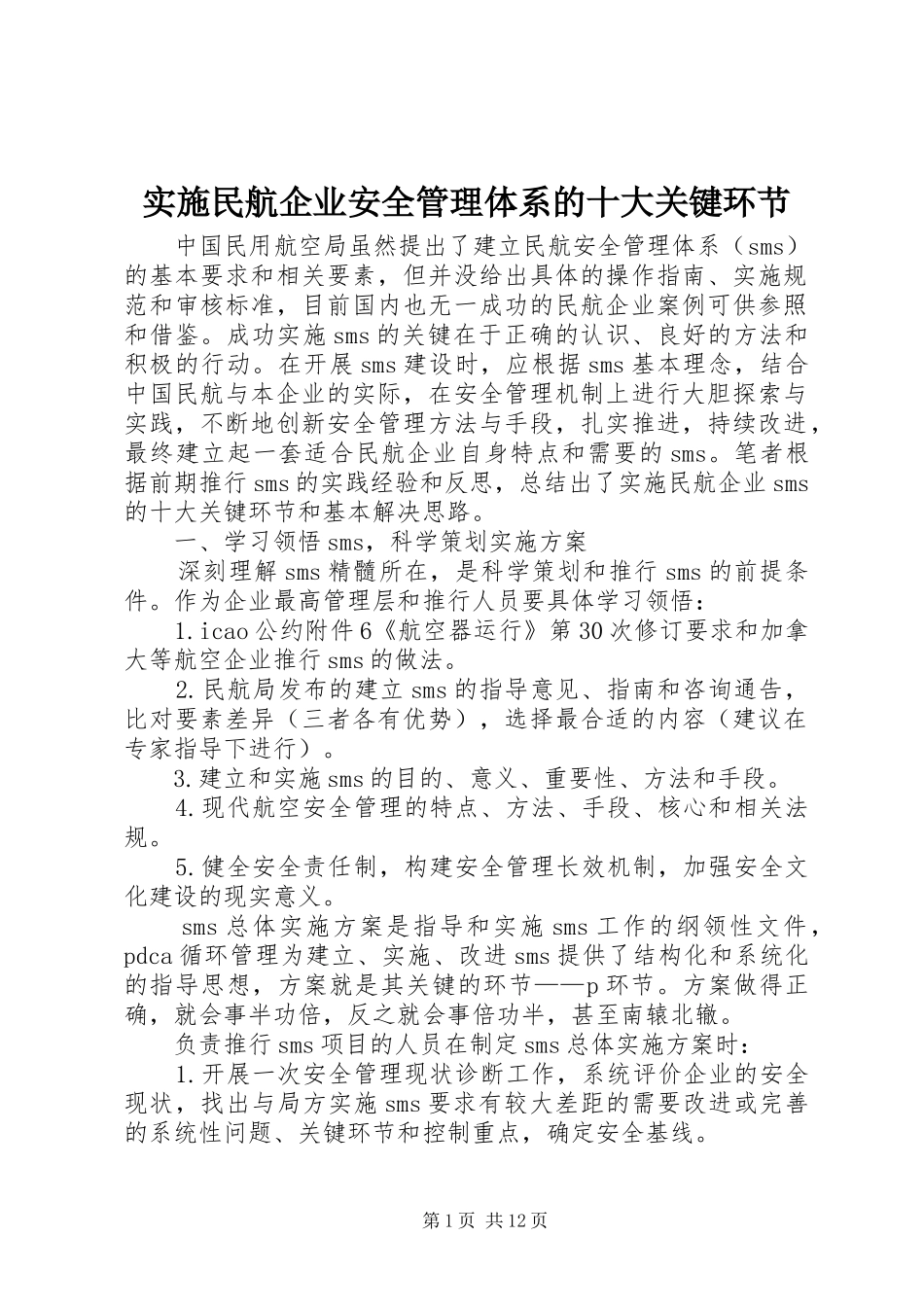 2024年实施民航企业安全管理体系的十大关键环节_第1页