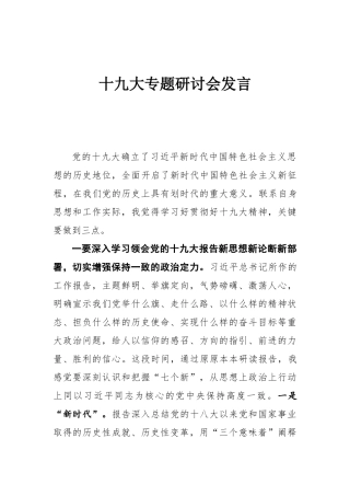 【部署讲话】十九大专题研讨会发言