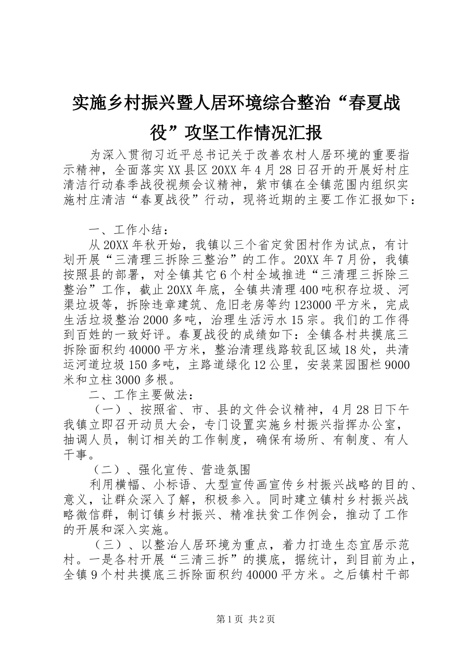 2024年实施乡村振兴暨人居环境综合整治春夏战役攻坚工作情况汇报_第1页