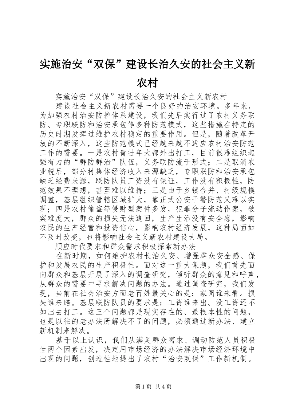 2024年实施治安双保建设长治久安的社会主义新农村_第1页