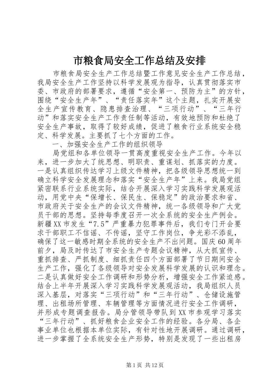 2024年市粮食局安全工作总结及安排_第1页