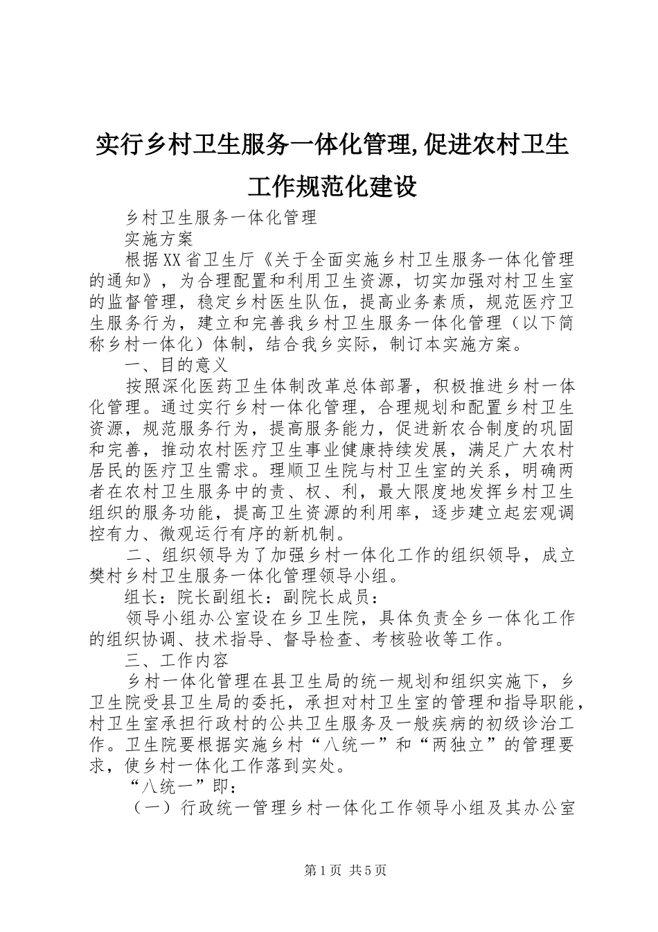 2024年实行乡村卫生服务一体化管理促进农村卫生工作规范化建设_第1页