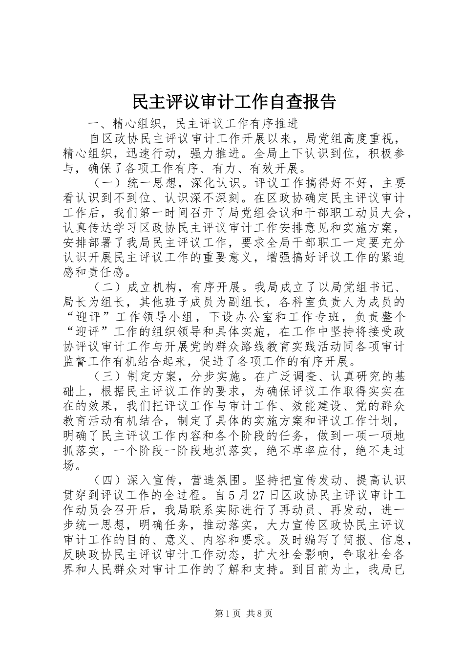 2024年民主评议审计工作自查报告_第1页