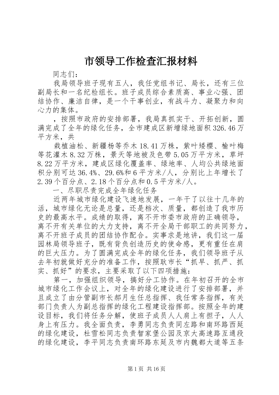 2024年市领导工作检查汇报材料_第1页