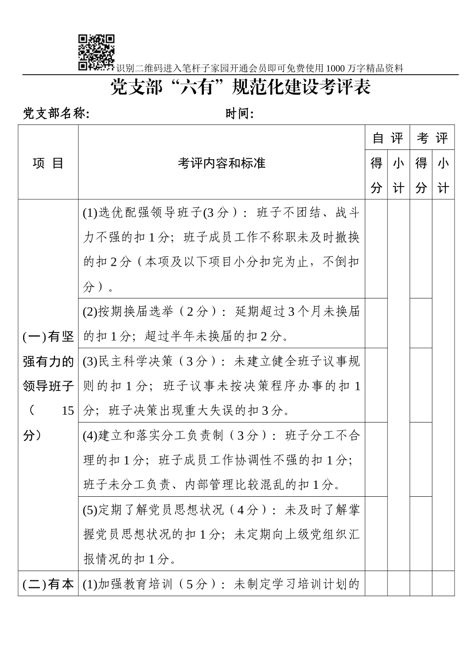 党支部“六有”规范化建设考评表_第1页