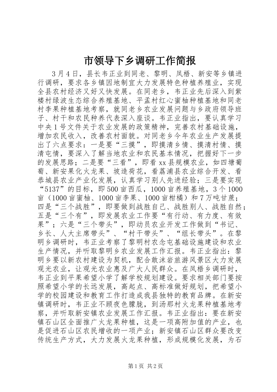 2024年市领导下乡调研工作简报_第1页