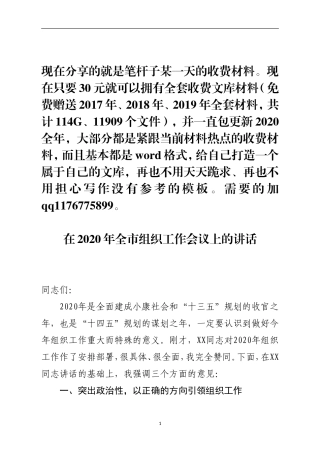 市委书记在2020年全市组织工作会议上的讲话