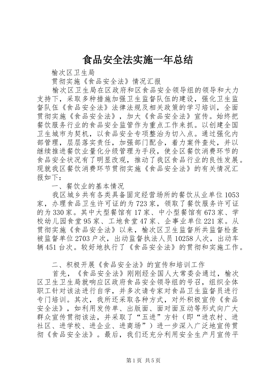 2024年食品安全法实施一年总结_第1页