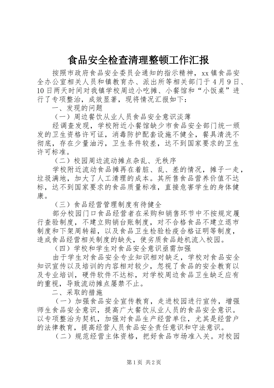 2024年食品安全检查清理整顿工作汇报_第1页