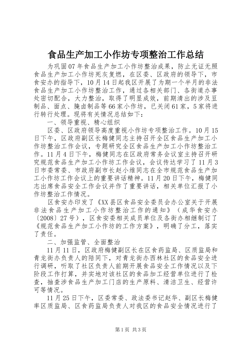 2024年食品生产加工小作坊专项整治工作总结_第1页
