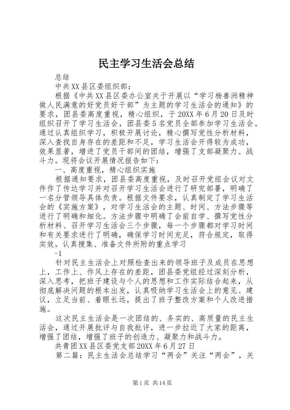 2024年民主学习生活会总结_第1页