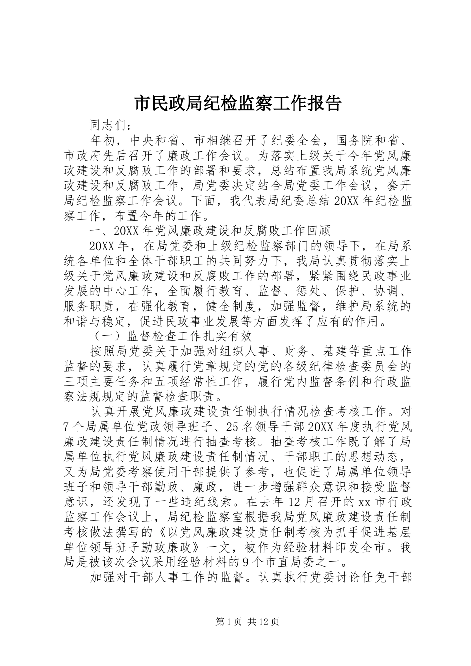 2024年市民政局纪检监察工作报告_第1页