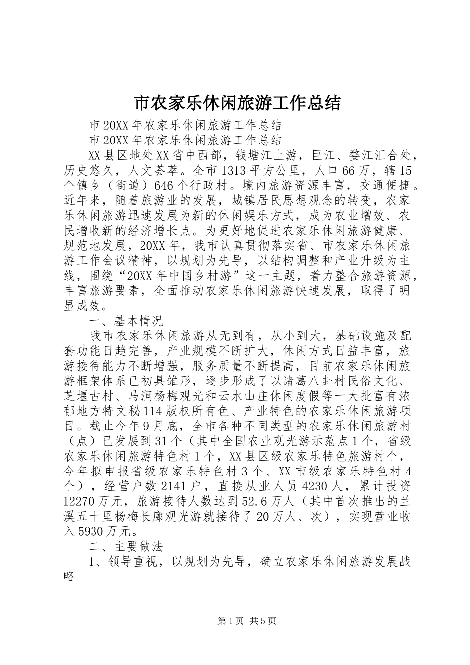2024年市农家乐休闲旅游工作总结_第1页