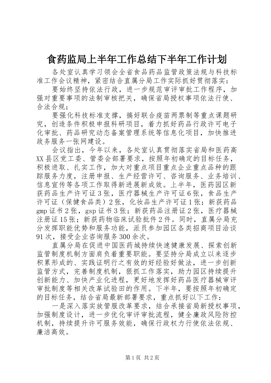 2024年食药监局上半年工作总结下半年工作计划_第1页