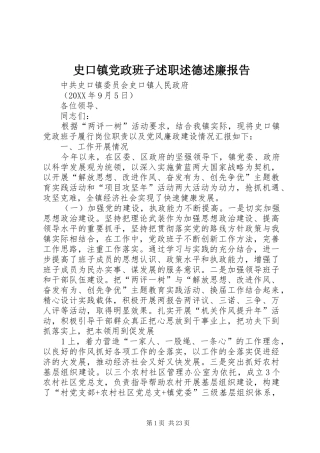 2024年史口镇党政班子述职述德述廉报告