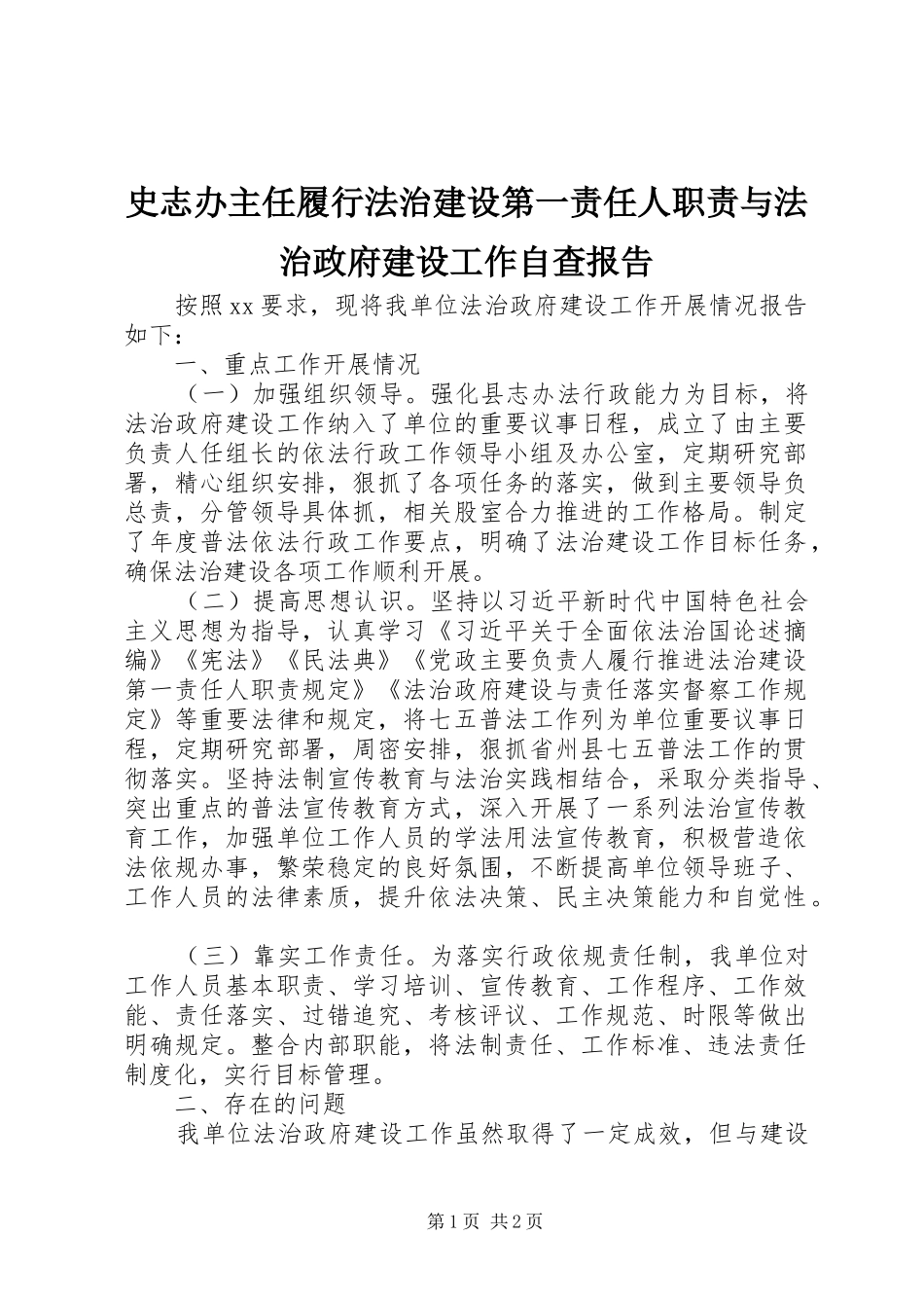 2024年史志办主任履行法治建设第一责任人职责与法治政府建设工作自查报告_第1页