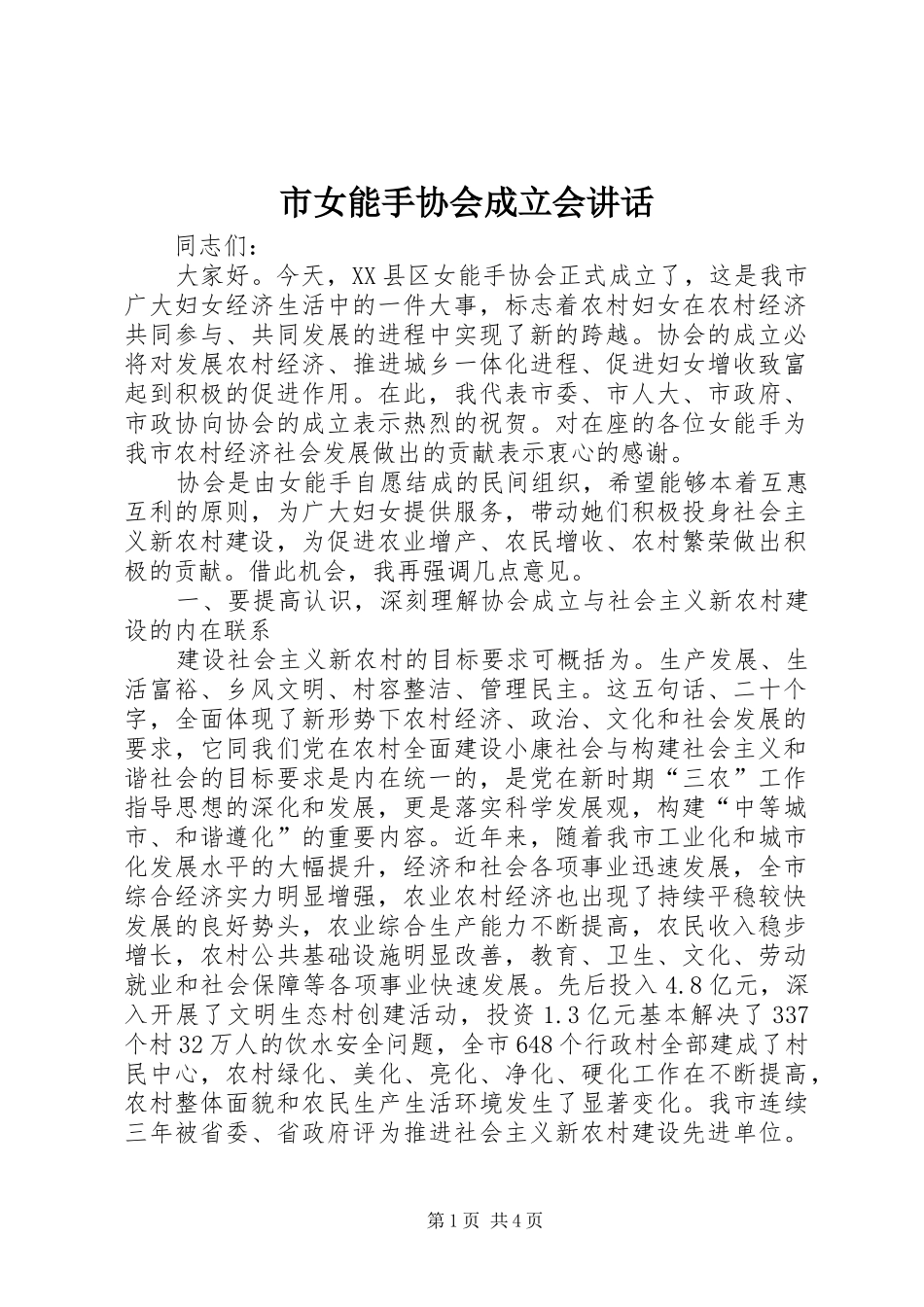 2024年市女能手协会成立会致辞_第1页