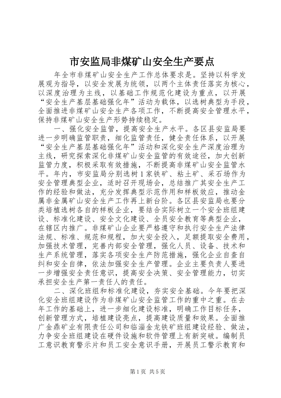 2024年市安监局非煤矿山安全生产要点_第1页