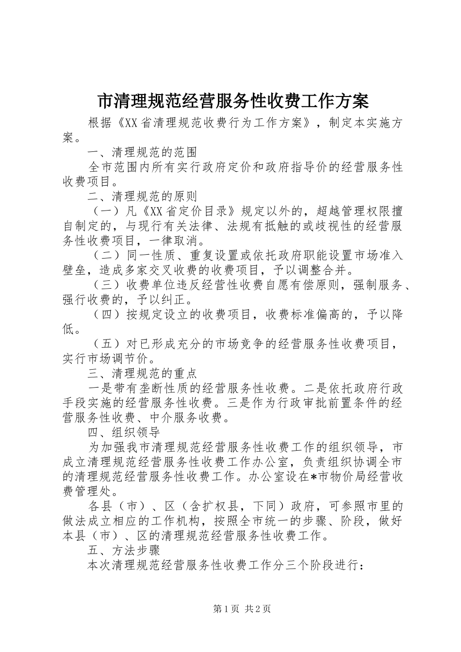 2024年市清理规范经营服务性收费工作方案_第1页