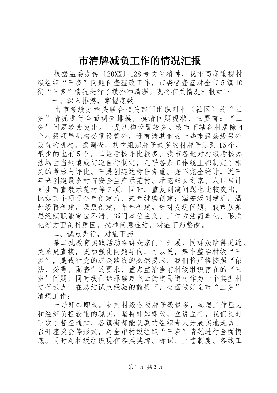 2024年市清牌减负工作的情况汇报_第1页