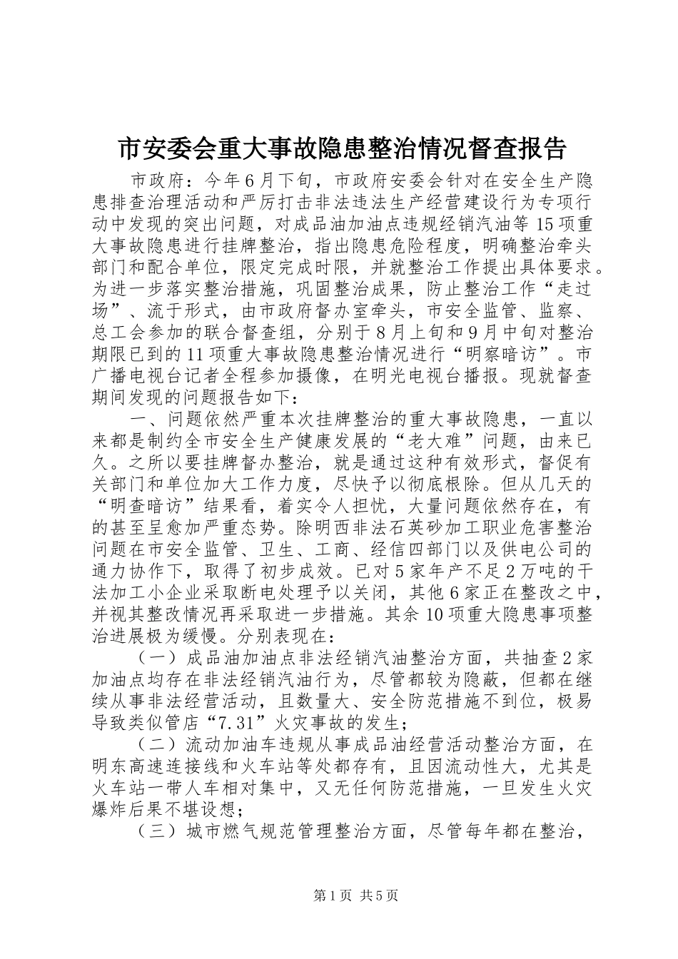 2024年市安委会重大事故隐患整治情况督查报告_第1页