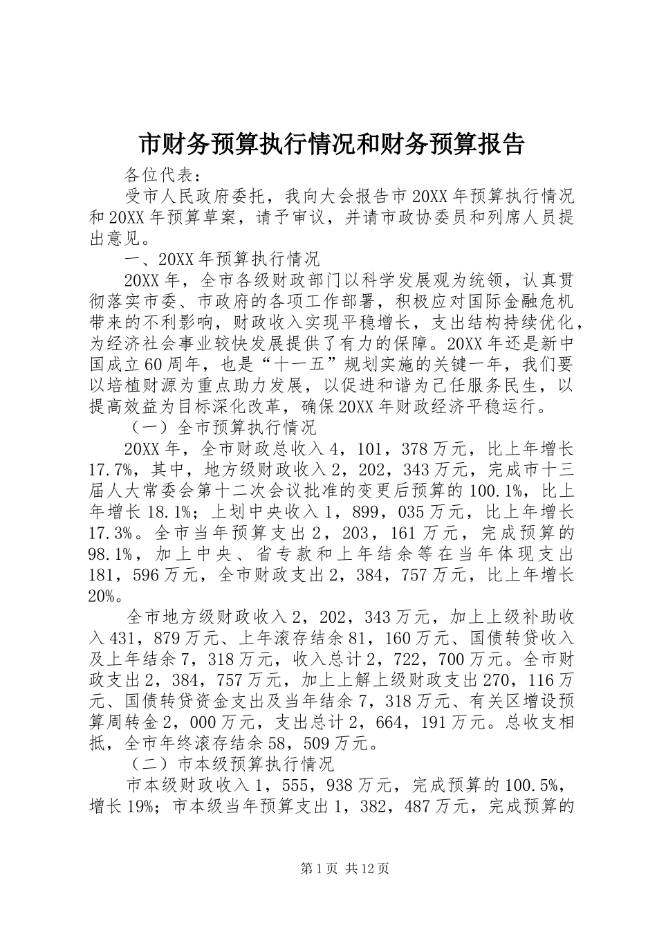 2024年市财务预算执行情况和财务预算报告_第1页