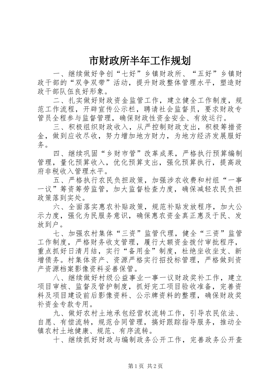 2024年市财政所半年工作规划_第1页