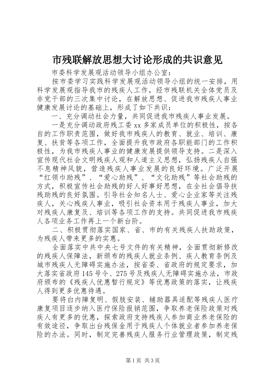 2024年市残联解放思想大讨论形成的共识意见_第1页