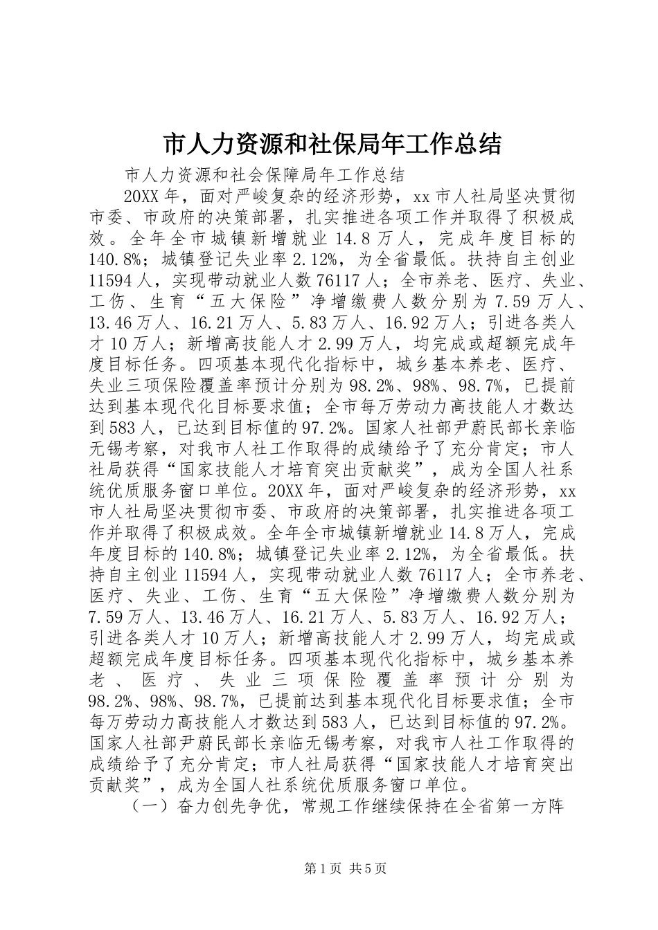 2024年市人力资源和社保局年工作总结_第1页