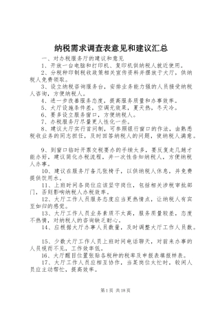 2024年纳税需求调查表意见和建议汇总