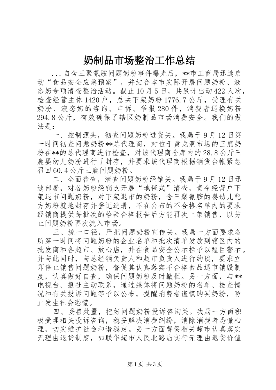 2024年奶制品市场整治工作总结_第1页
