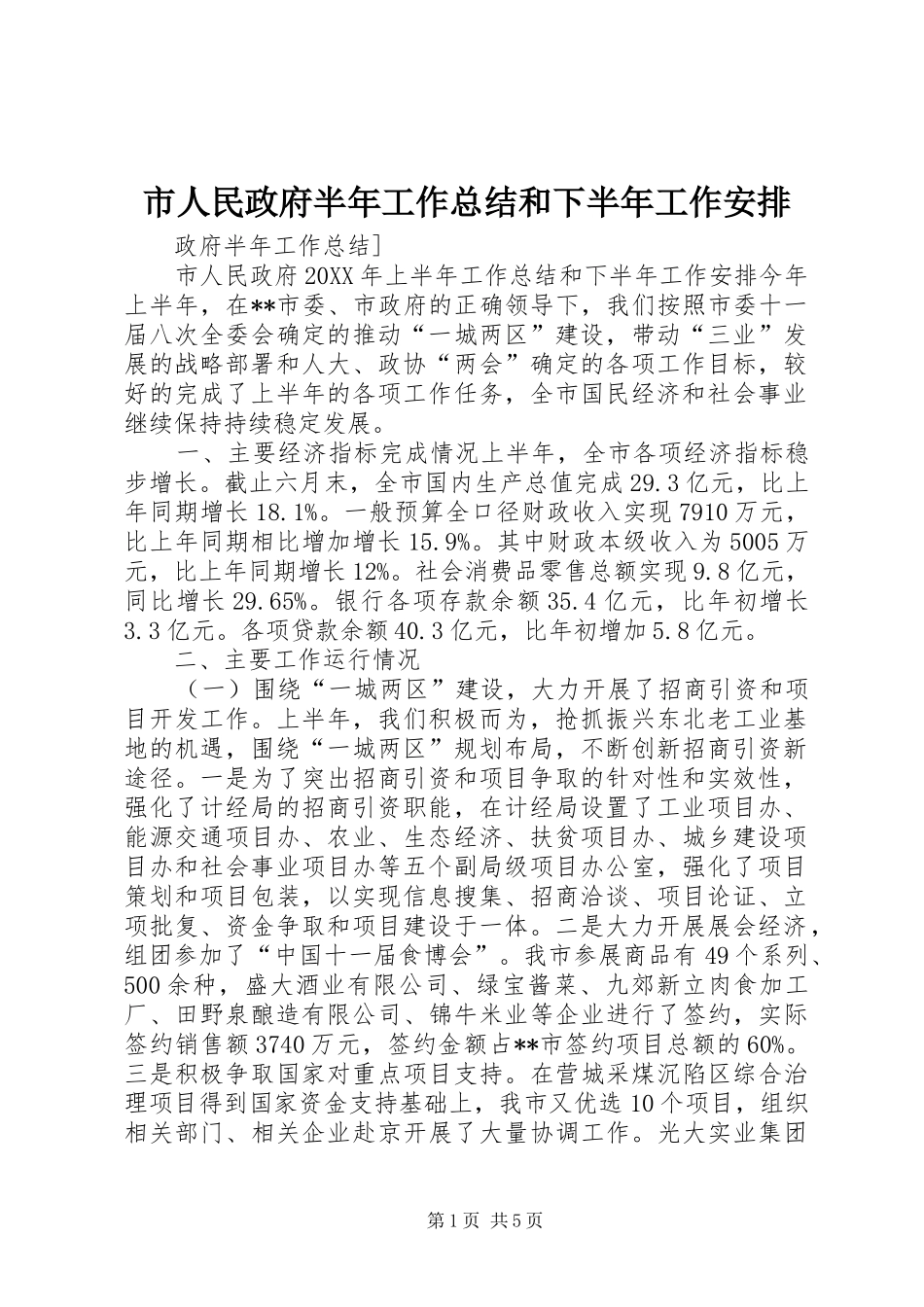 2024年市人民政府半年工作总结和下半年工作安排_第1页