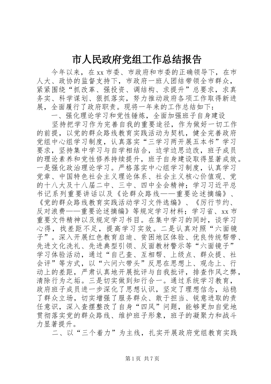 2024年市人民政府党组工作总结报告_第1页