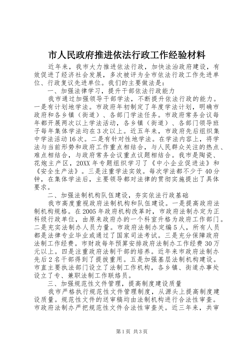 2024年市人民政府推进依法行政工作经验材料_第1页