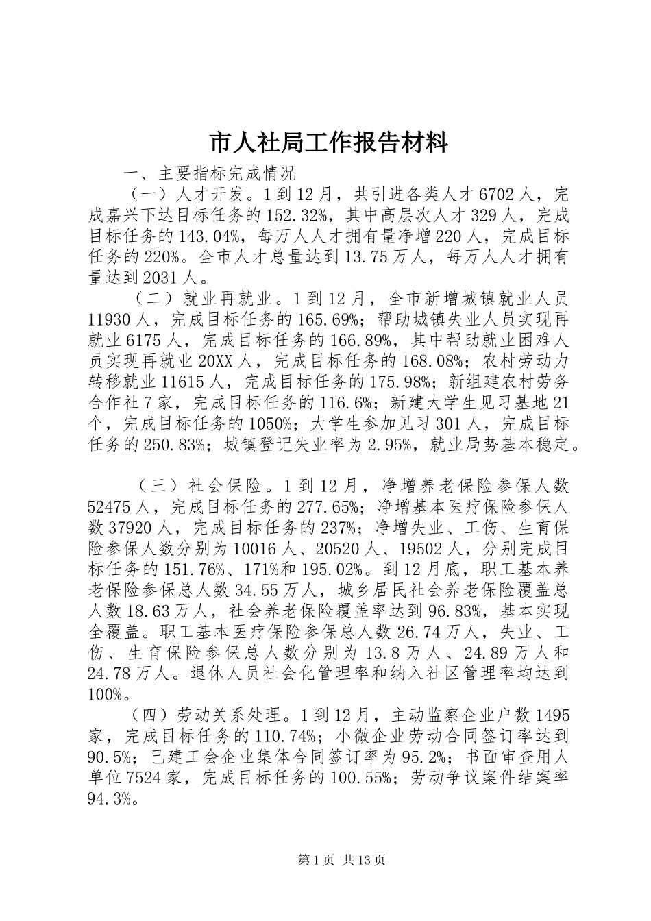 2024年市人社局工作报告材料_第1页