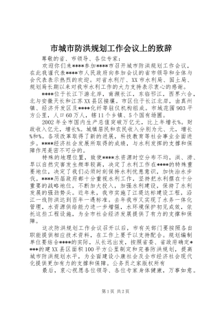 2024年市城市防洪规划工作会议上的致辞