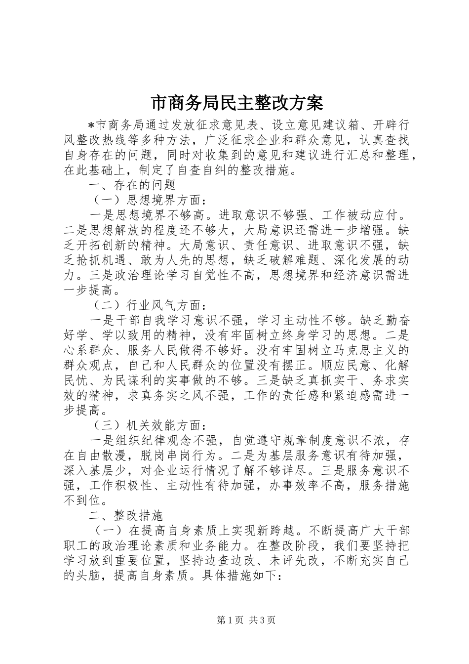 2024年市商务局民主整改方案_第1页