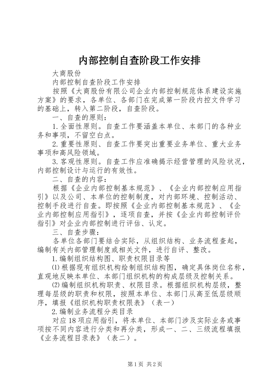 2024年内部控制自查阶段工作安排_第1页