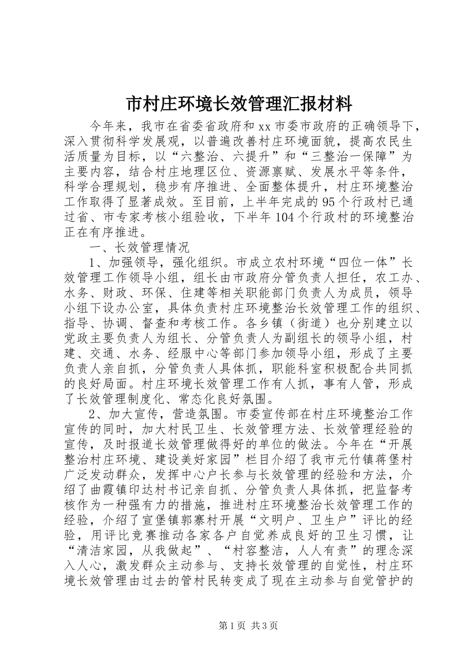 2024年市村庄环境长效管理汇报材料_第1页