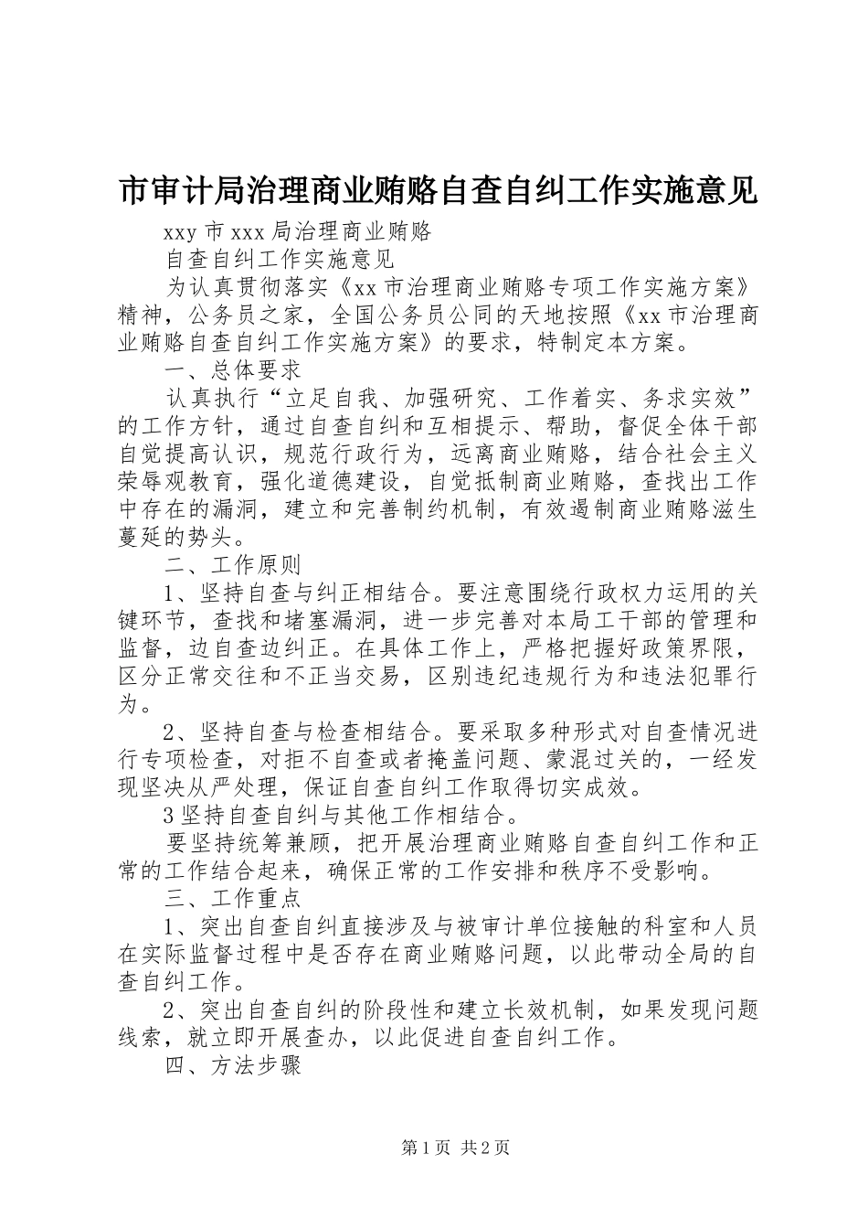 2024年市审计局治理商业贿赂自查自纠工作实施意见_第1页