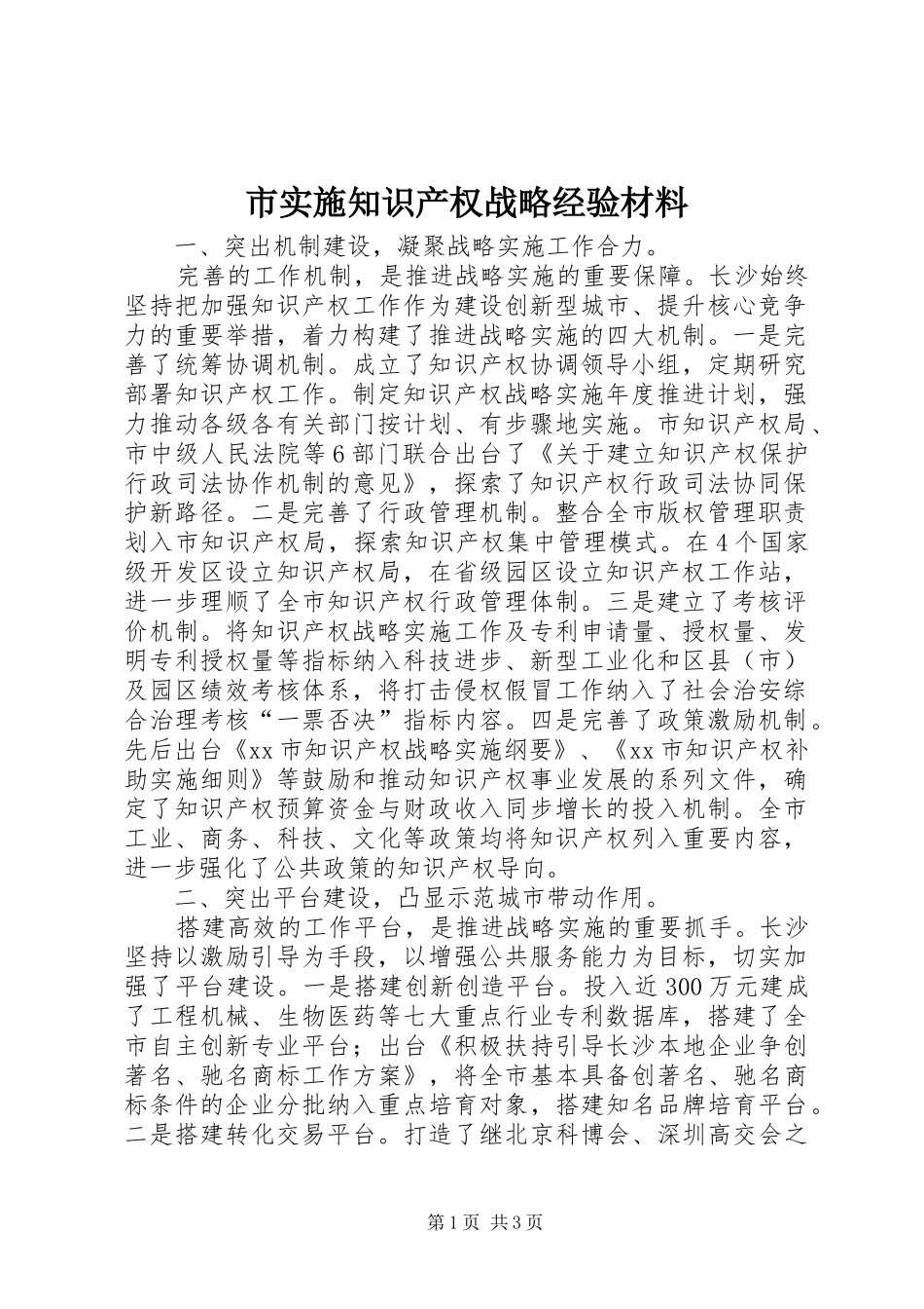 2024年市实施知识产权战略经验材料_第1页