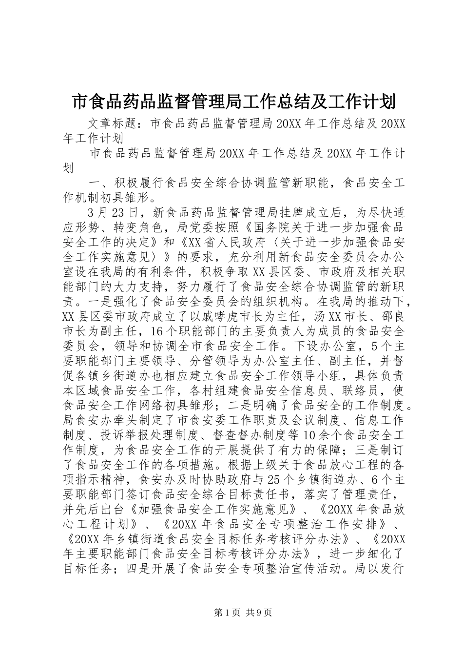 2024年市食品药品监督管理局工作总结及工作计划_第1页