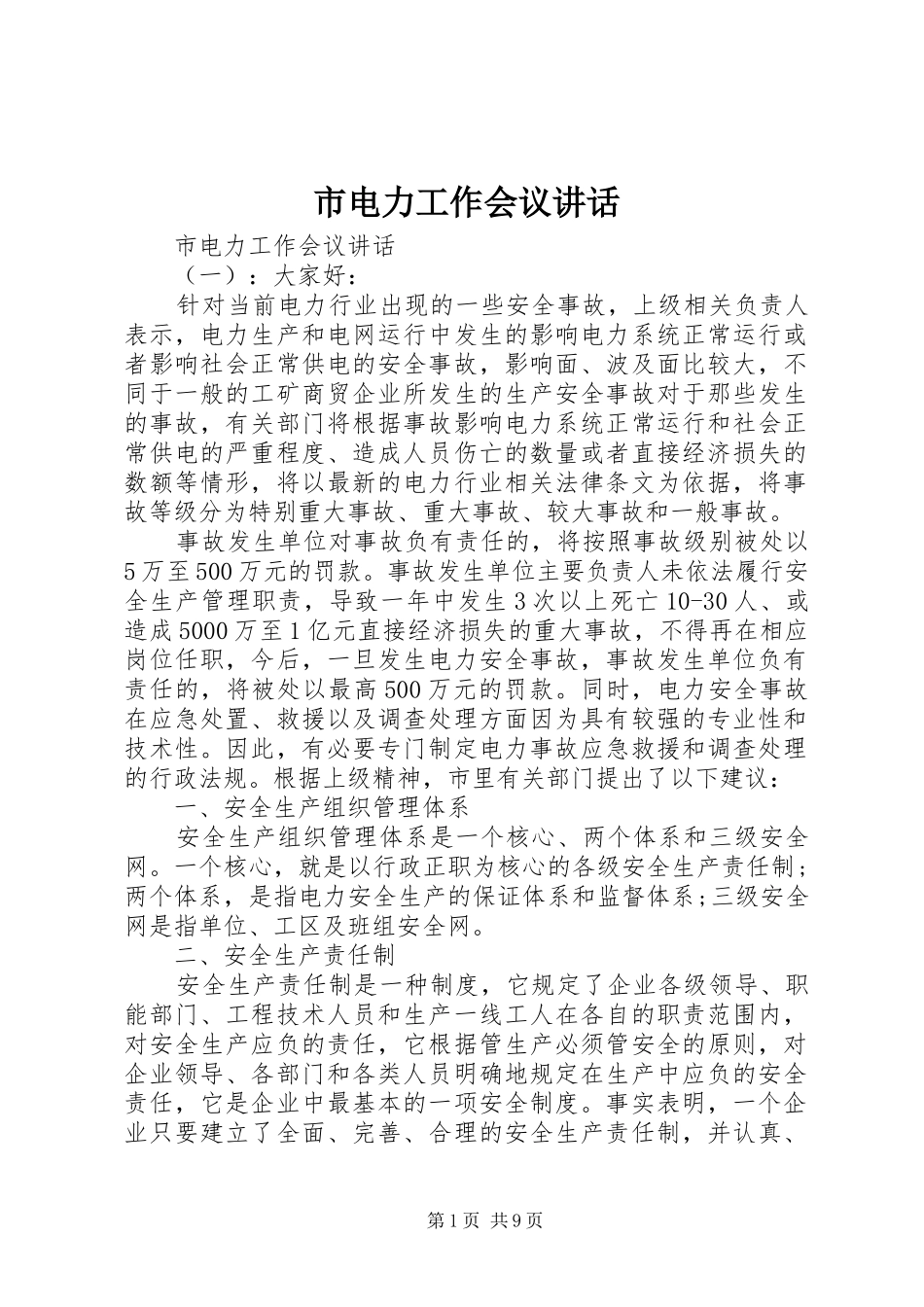 2024年市电力工作会议致辞_第1页