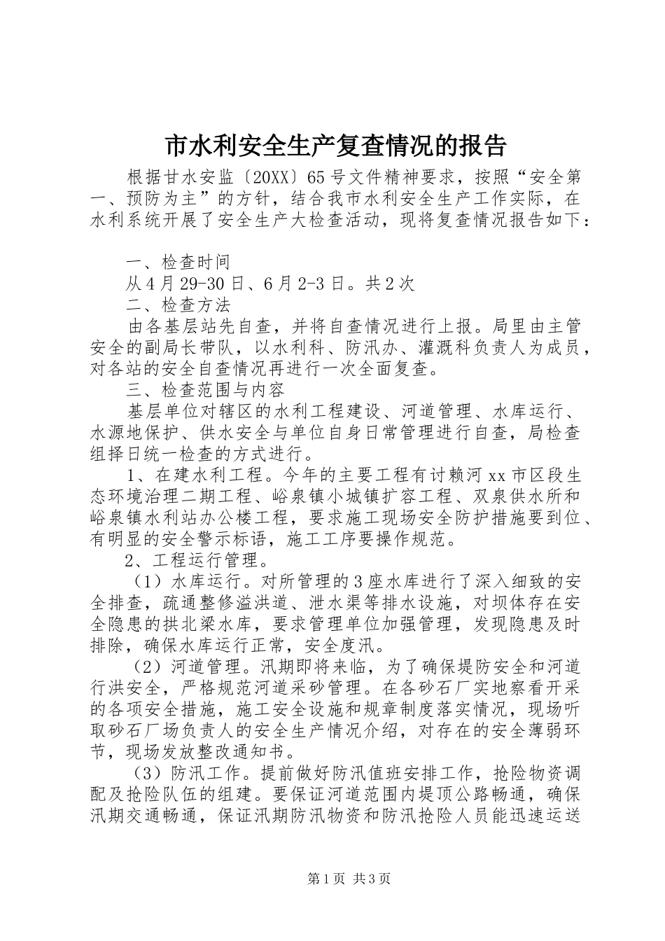 2024年市水利安全生产复查情况的报告_第1页