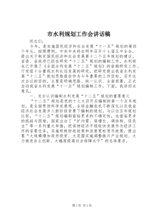 2024年市水利规划工作会致辞稿