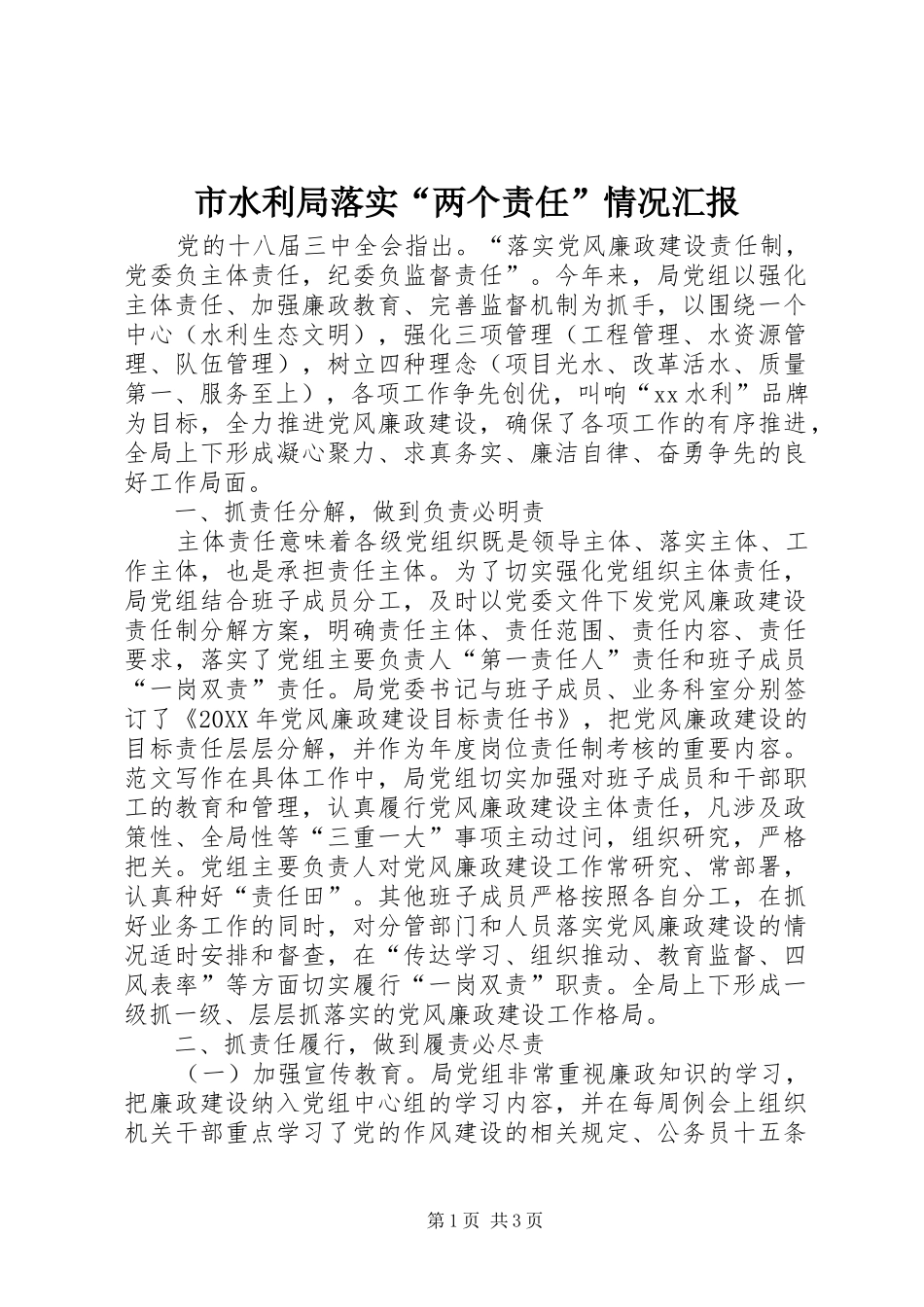 2024年市水利局落实两个责任情况汇报_第1页