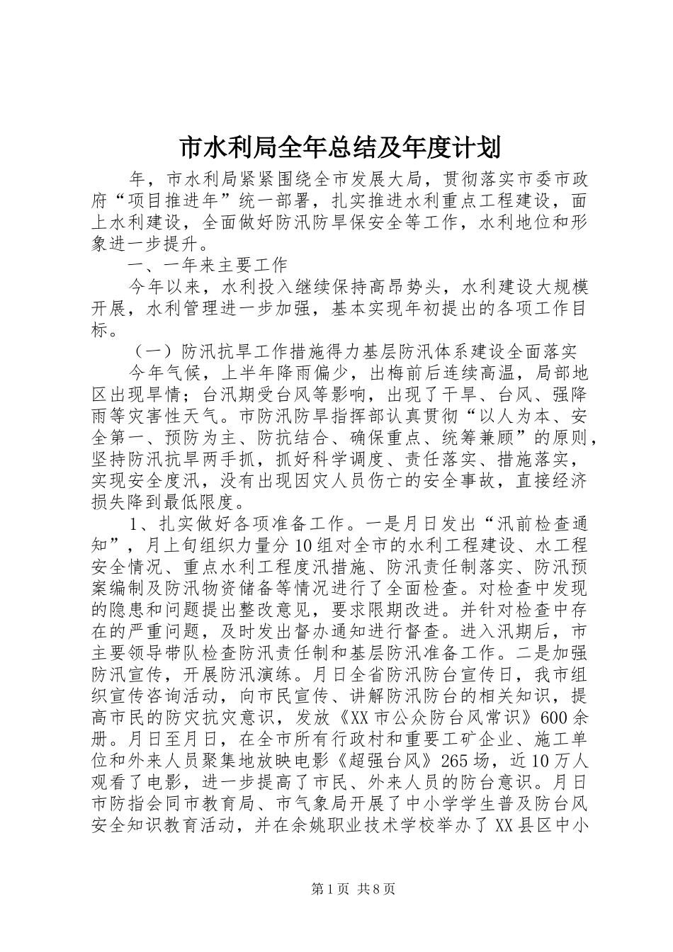 2024年市水利局全年总结及年度计划_第1页