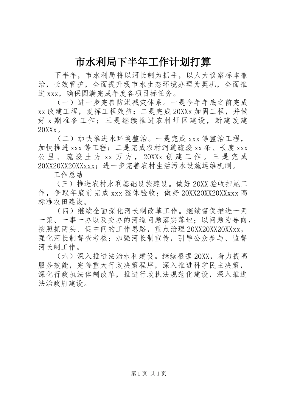 2024年市水利局下半年工作计划打算_第1页