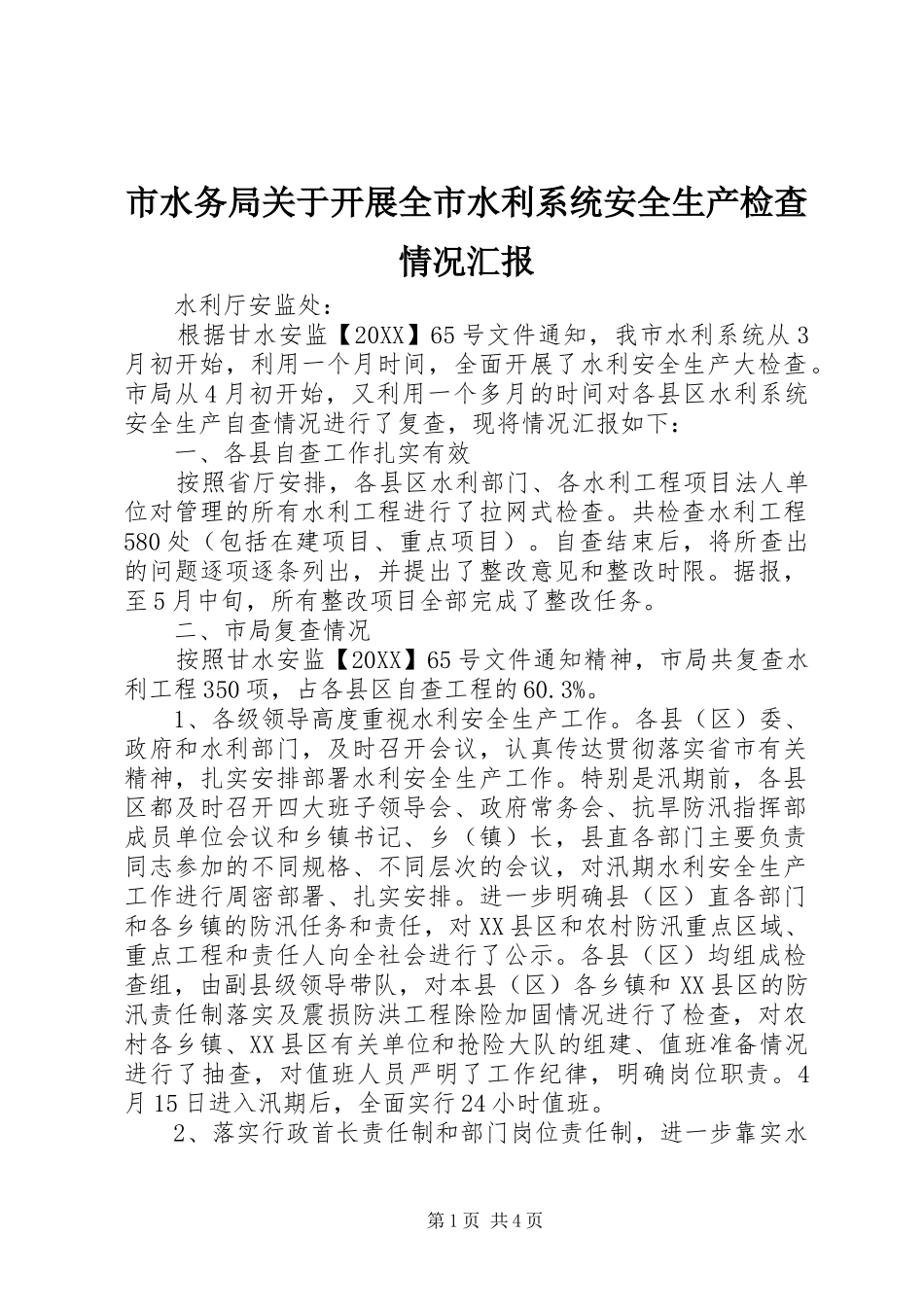 2024年市水务局关于开展全市水利系统安全生产检查情况汇报_第1页