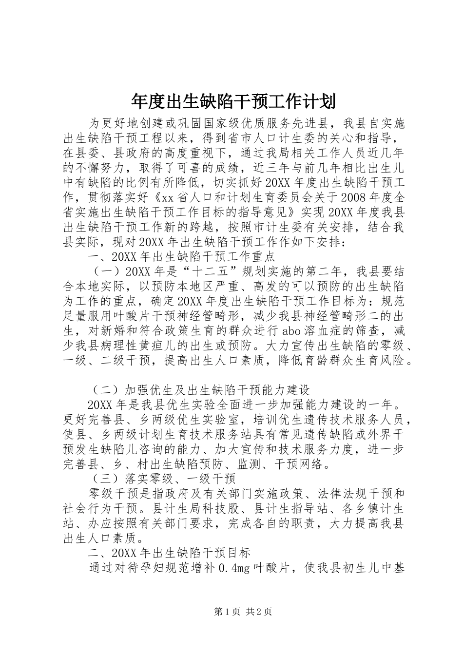 2024年年度出生缺陷干预工作计划_第1页